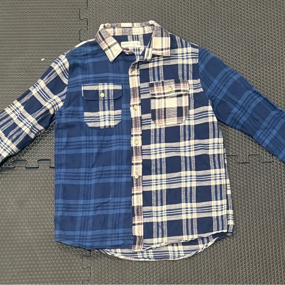 Plaid Button-Up Shirt in Blue and Cream